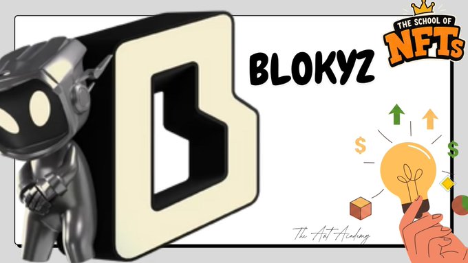 A promotional graphic for the NFT project "BLOKYZ" features a stylized 3D character mascot standing beside a large "B" logo, with "The School of NFTs" branding in the top right corner alongside a lightbulb illustration and colorful financial icons. The bold "BLOKYZ" text in the center highlights the project's strong secondary market performance, specifically its impressive 87.2% buyer retention rate since launch.