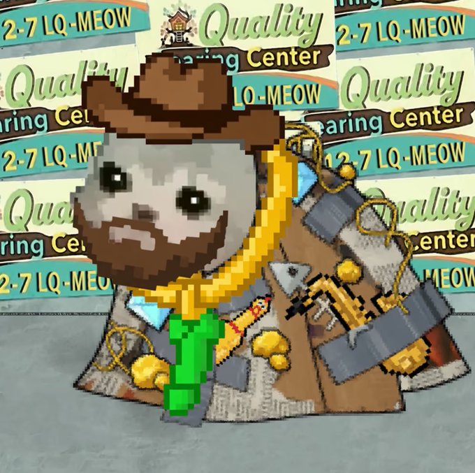 A pixel-art character styled as a cowboy with a brown hat, gold chain, green cactus, and accessories stands in front of a repeating 'Quality Caring Center' and '2-7 LQ-MEOW' sign background.