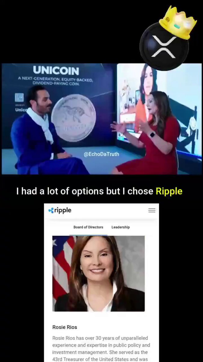 The image shows a post about Ripple cryptocurrency that includes two photos of women. One photo features a woman wearing a red dress, while the other depicts a woman dressed in a suit. The text in the post suggests that Ripple could help power the next generation of the U.S. financial system and play a critical role in the future of banking.