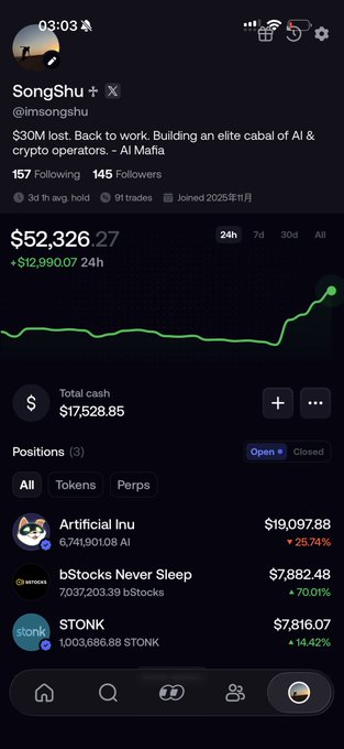 The image shows a portfolio screenshot with $52,326.27 in total value (down $12,990.07 in 24h), displaying a Sharp Recovery chart and three open positions: Artificial Inu ($19,097.88, +25.74%), bStocks Never Sleep ($7,882.48, -70.01%), and STONK ($7,816.07, +14.42%), matching the poster's journey from a $30M peak to rebuilding from $52K toward $30M again.