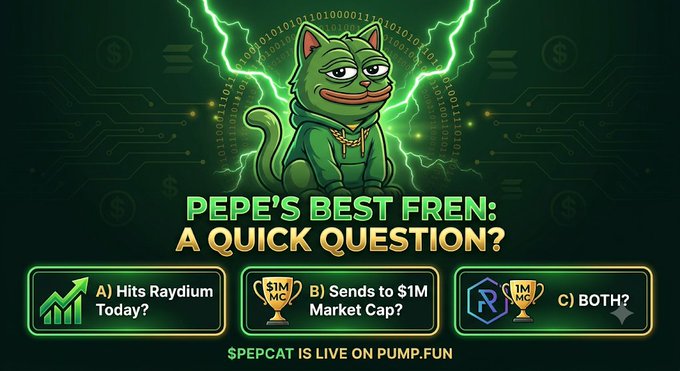 A digital graphic featuring a smug green cartoon cat with lightning bolts in the background, headlined 'PEPE'S BEST FREN: A QUICK QUESTION?' with answer options A) Hits Raydium Today?, B) Sends to $1M Market Cap?, and C) BOTH?, plus 'SPEPCAT IS LIVE ON PUMP.FUN' at the bottom.