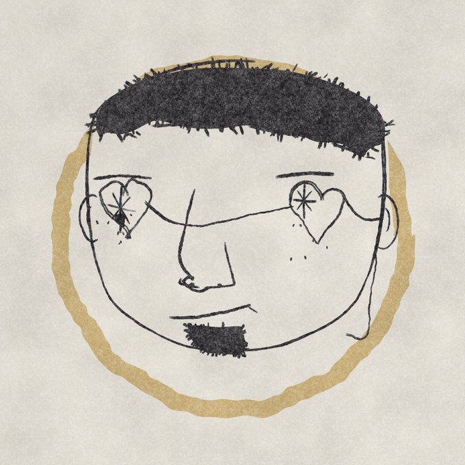 A simple hand-drawn portrait features a face with heart-shaped eyes, filled in with textured dark shading for the hair and goatee.