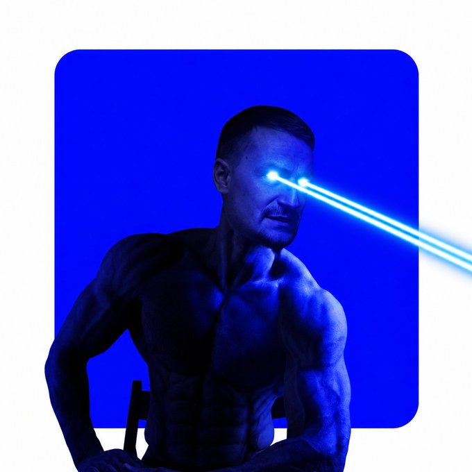 A muscular shirtless man with intense laser beams shooting from his eyes is featured against a blue rounded square background (the Base app logo), visually representing the post's "lock in on @base" message with a powerful, focused gaze.