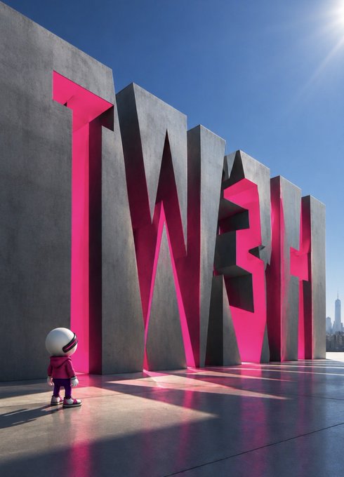 A 3D rendered scene shows a small astronaut-like figure in pink standing before massive pink concrete letters spelling 'TWENTH' under a clear blue sky.