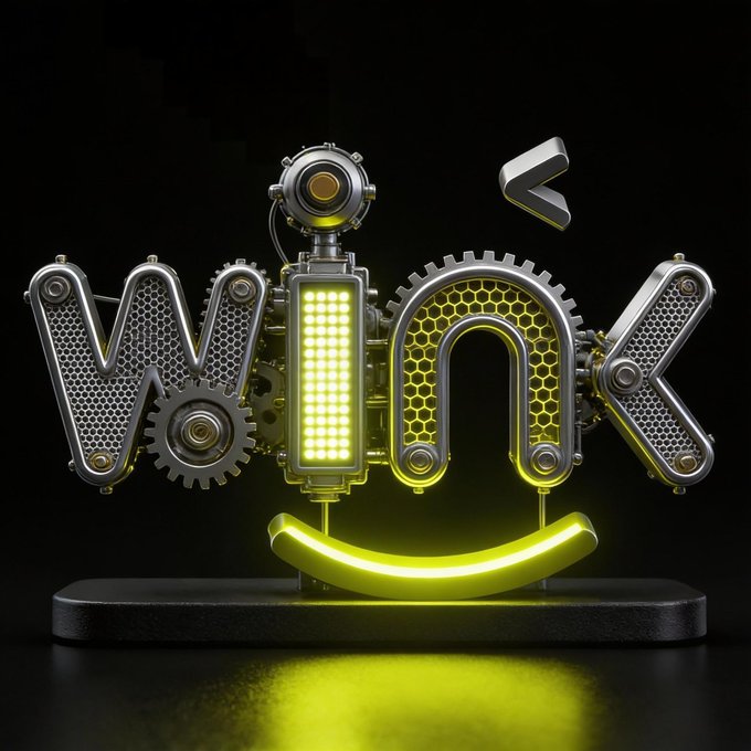A futuristic 3D robot displays the letters "WINK" in metallic, mechanical typography, with a glowing yellow smile and honeycomb patterns, matching the playful "WINkLink" branding referenced in the post about sports data feeds for prediction markets. The "less-than" symbol hovering above serves as the link's icon, reinforcing the oracle theme of delivering live on-chain sports data.