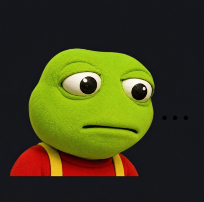 A green Pepe-style frog with a slightly unimpressed expression, wearing a red shirt with yellow suspenders, accompanied by three dots suggesting speech or silence.