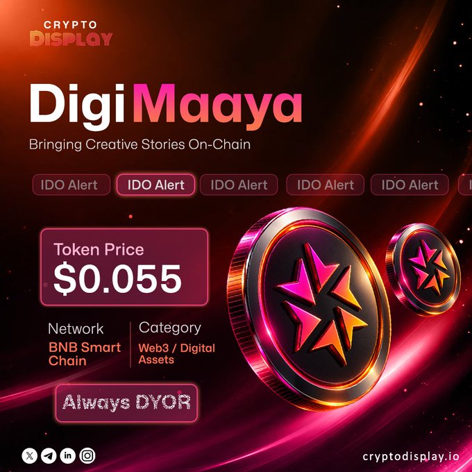 A promotional graphic for 'DigiMaaya' on Crypto Display, showing a token price of $0.055, running on BNB Smart Chain, with the text 'Bringing Creative Stories On-Chain' and 'Always DYOR'.