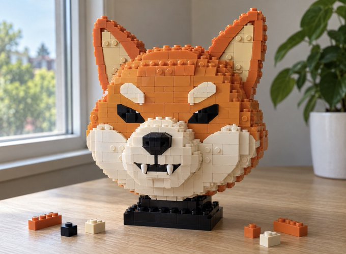 A completed LEGO fox bust with menacing fangs sits on a wooden table alongside a few scattered bricks, positioned near a window with a green plant in the background. The image humorously illustrates the joke's warning about overestimating one's skill level—a deceptively cute fox with sharp teeth symbolizes how an "ages 6+" kit can quickly become a "crypto winter" of missing pieces and broken builds for unsuspecting adults.