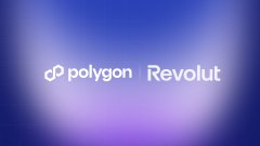 A purple/blue gradient graphic displaying the logos for 'polygon' and 'Revolut'.