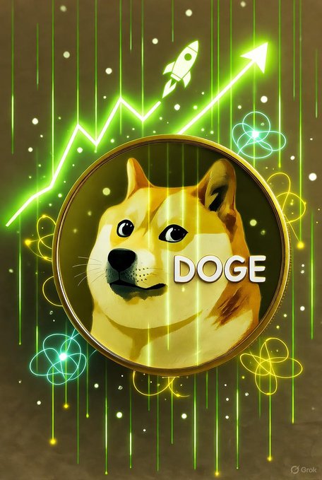 A stylized graphic illustration of a Dogecoin (DOGE) coin featuring a Shiba Inu dog with a green upward trending line and rocket in the background, created by Grok.