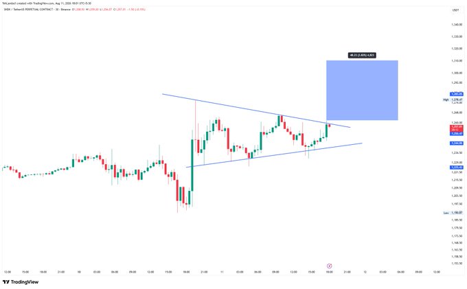 A TradingView candlestick chart for XAU/USD (Gold/U.S. Dollar) showing a rising wedge or symmetrical triangle pattern with blue trendlines and a blue rectangular target zone marked at approximately 1,266.93 - 1,262.53.