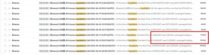 A screenshot of a Binance futures liquidation ledger showing multiple BTCUSDT and ETHUSDT liquidation records, with rows 117630 and 123780 highlighted in red; visible entries reference liquidation calls, mark prices, and dates from March through June 2022.