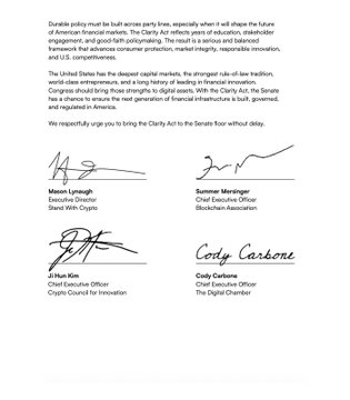 The image shows a document with four signatures, including one from the U.S. Senate. The text of the document suggests that the Senate has joined forces with more than 200 organizations to advocate for clearer rules around digital asset markets. This could be an important step in addressing the challenges and opportunities presented by the rapidly evolving landscape of digital assets.