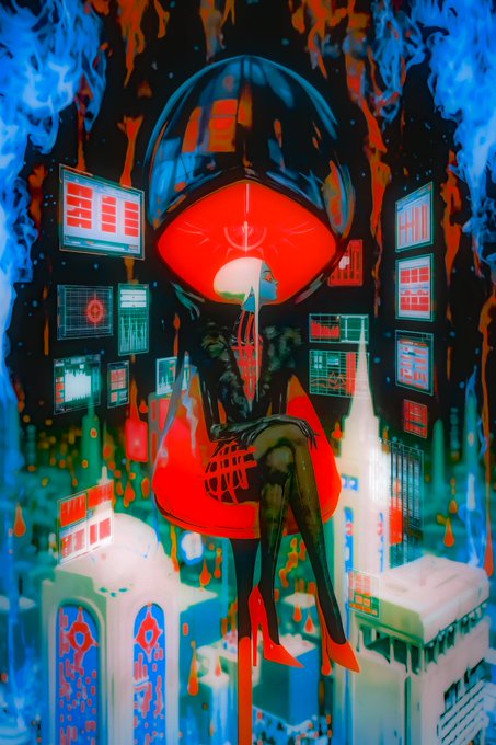 A vibrant digital illustration of a figure wearing a large red helmet and red skirt, sitting amidst floating screens and a futuristic cityscape with blue and orange flames.