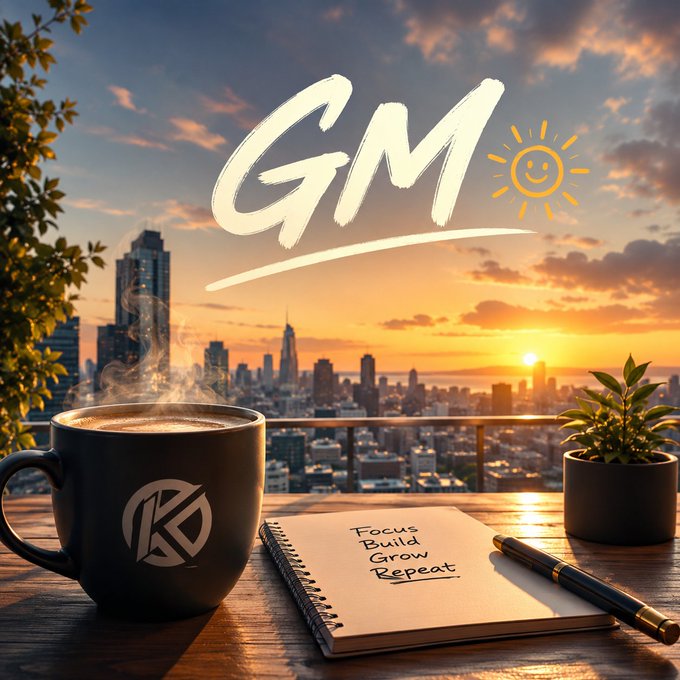 A serene morning workspace featuring a black coffee mug with a 'KD' logo, a notebook reading 'Focus Build Grow Repeat,' and a 'GM' greeting with a smiling sun overlay against a city skyline sunrise.