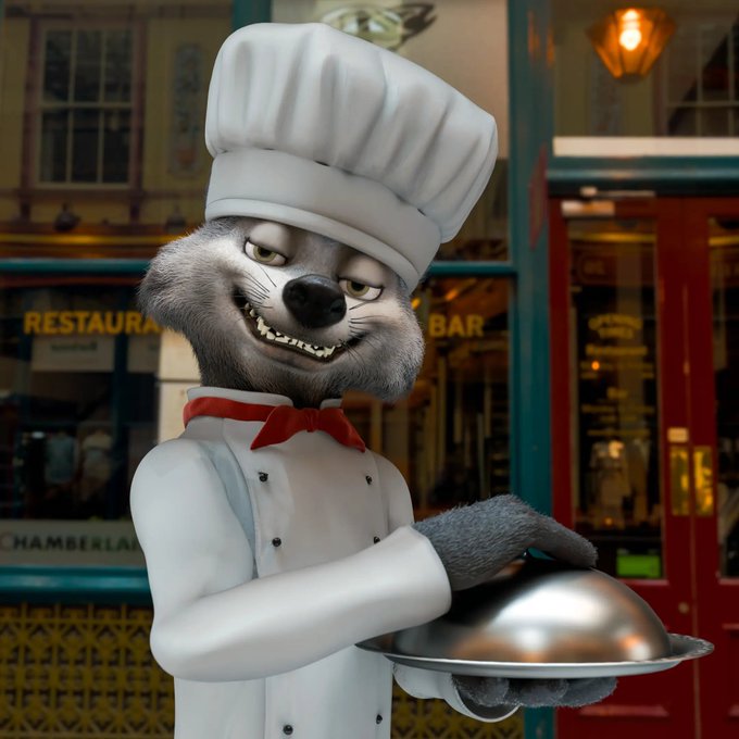 A 3D animated gray furry creature wearing a white chef's uniform and hat, holding a silver cloche in front of a restaurant storefront.