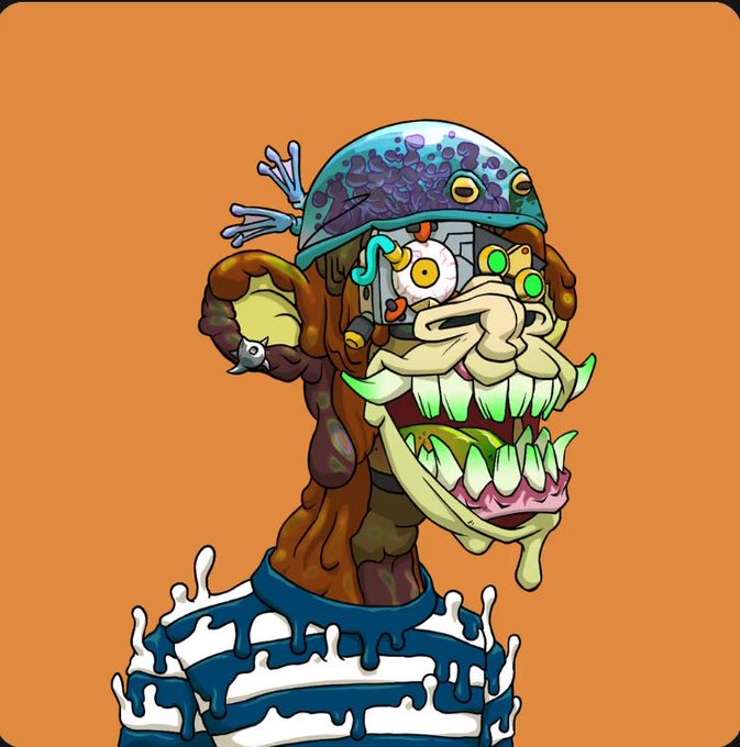 A grotesque, cartoonish mutant ape character with mismatched eyes, a gaping mouth full of sharp teeth, exposed brain matter on top, and dripping slime is shown against an orange background. The image relates to the post as a proud display of the user's new Mutant Ape NFT from the Bored Ape Yacht Club collection, celebrating their entry into the exclusive digital asset club.