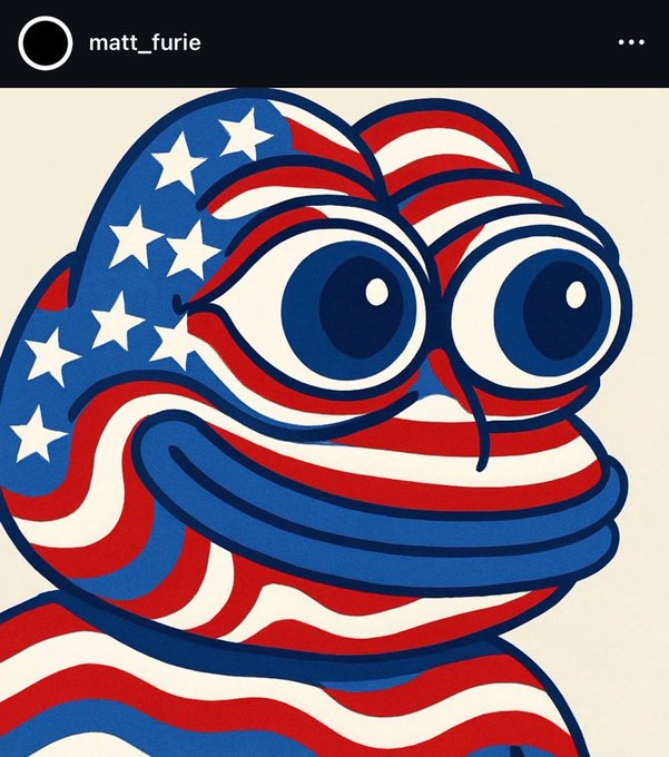 An illustration by matt_furie depicting the character Pepe the Frog covered in an American flag pattern, set against a cream background.