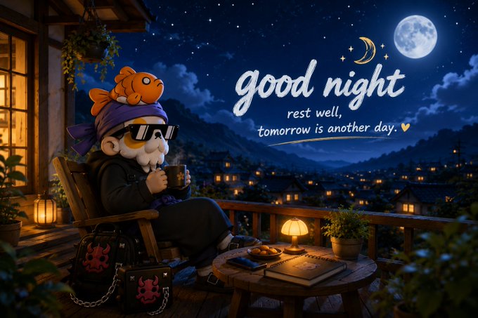 A whimsical nighttime illustration shows a gnome-like character with a beard, sunglasses, and an orange fish on their head, sitting on a balcony with a warm drink and the text 'good night, rest well, tomorrow is another day.' displayed against a starry sky with a full moon.