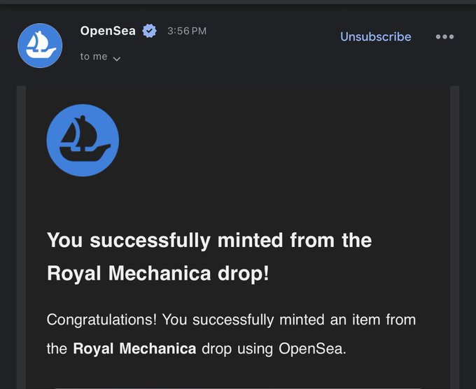 An OpenSea email notification confirming a successful mint from the "Royal Mechanica" drop, sent at 3:56 PM with the OpenSea sailboat logo.