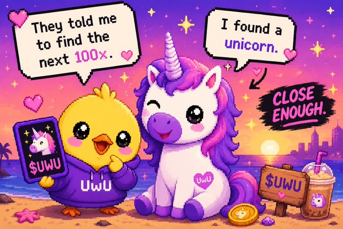 Cartoon meme image showing a yellow chick wearing a 'UwU' hoodie holding a '$UWU' card and a purple unicorn with speech bubbles reading 'They told me to find the next 100x' and 'I found a unicorn. CLOSE ENOUGH.'