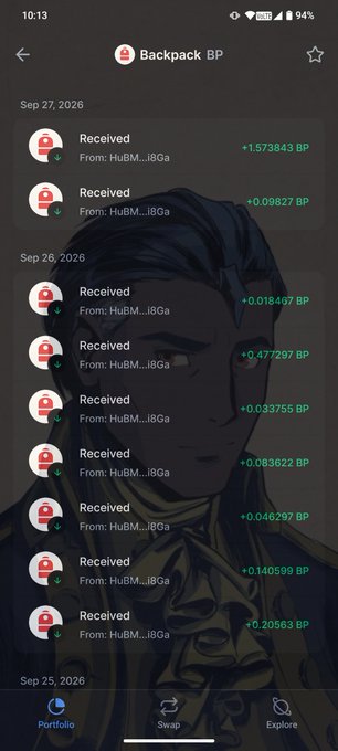 A mobile phone screenshot of the Backpack BP cryptocurrency wallet showing multiple 'Received' transactions of BP tokens from HuBM...i8Ga, with amounts ranging from +0.018407 BP to +1.573843 BP, displayed over an anime-style character background.