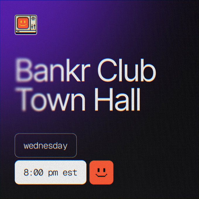 A retro-style graphic with a dark purple gradient background announces the "Bankr Club Town Hall" event, displaying "wednesday" and "8:00 pm est" alongside a small pixelated computer icon and smiley face, promoting the LP Party happening on August 26th hosted by Saltorious and Frenchie in Discord.