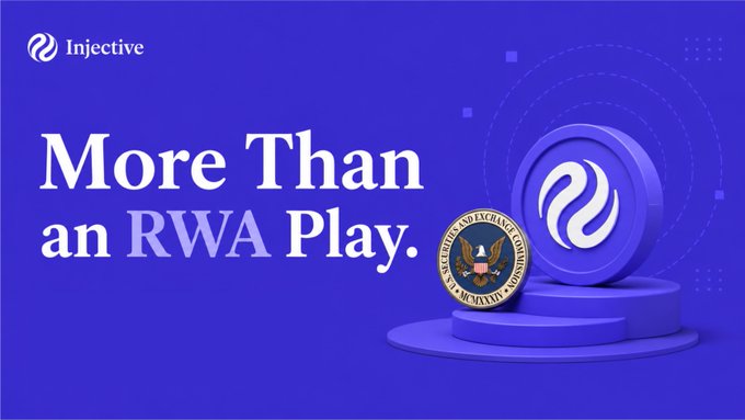 A purple promotional graphic for Injective featuring the headline "More Than an RWA Play." alongside the Injective logo, a 3D token emblem, and the U.S. Securities and Exchange Commission (SEC) seal, visually reinforcing the post's message about Injective's transfer agent filing as a deeper infrastructure move beyond just tokenized assets.