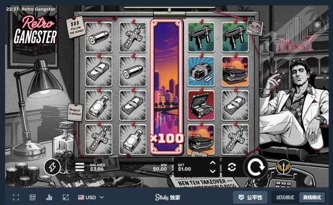 A screenshot of a 'Retro Gangster' themed online slot machine game featuring weapon symbols like guns and crosses, set against a noir-style background with a cartoon gangster character and a free spins bonus showing x100 multiplier.