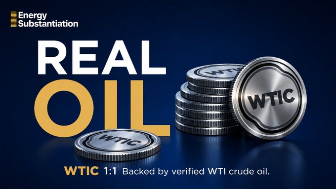 The image features a promotional graphic for "WTIC" with bold text reading "REAL OIL" and "WTIC 1:1 Backed by verified WTI crude oil," accompanied by metallic coin stacks engraved with the "WTIC" ticker logo, visually reinforcing the post's message that the token offers retail investors 1:1 spot exposure to physical WTI crude oil on Ethereum, eliminating the need for futures contracts.
