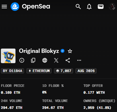 A screenshot of the OpenSea NFT marketplace displays the collection 'Original Blokyz' with a floor price of 0.169 ETH, 7,087 items, and a 24h volume of 294.67 ETH.