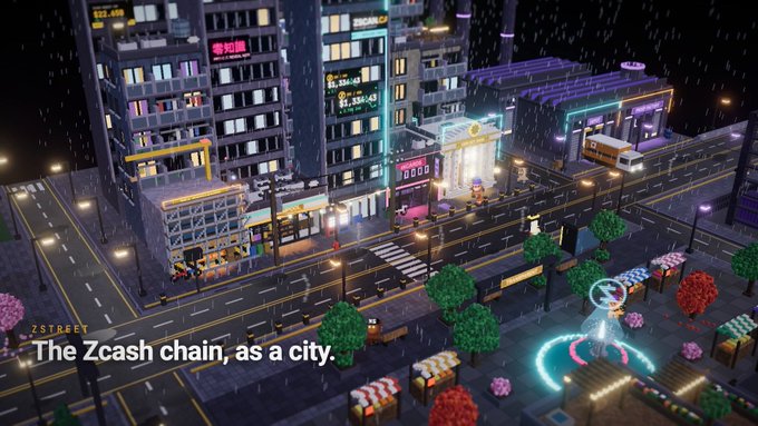A digital illustration of a vibrant, futuristic city street at night in the rain, with the text 'ZSTREET The Zcash chain, as a city.' at the bottom.