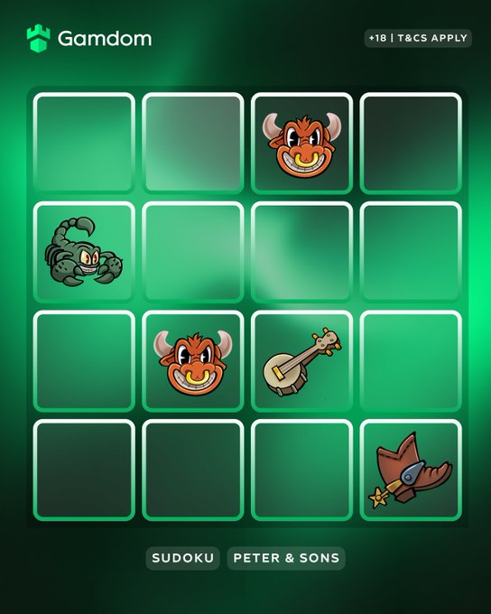 A mobile game screenshot from 'Gamdom' showing a 4x4 grid with cartoon character icons (devil faces, a scorpion, a banjo, and a bird in a space helmet), with 'SUDOKU' and 'PETER & SONS' labeled at the bottom.