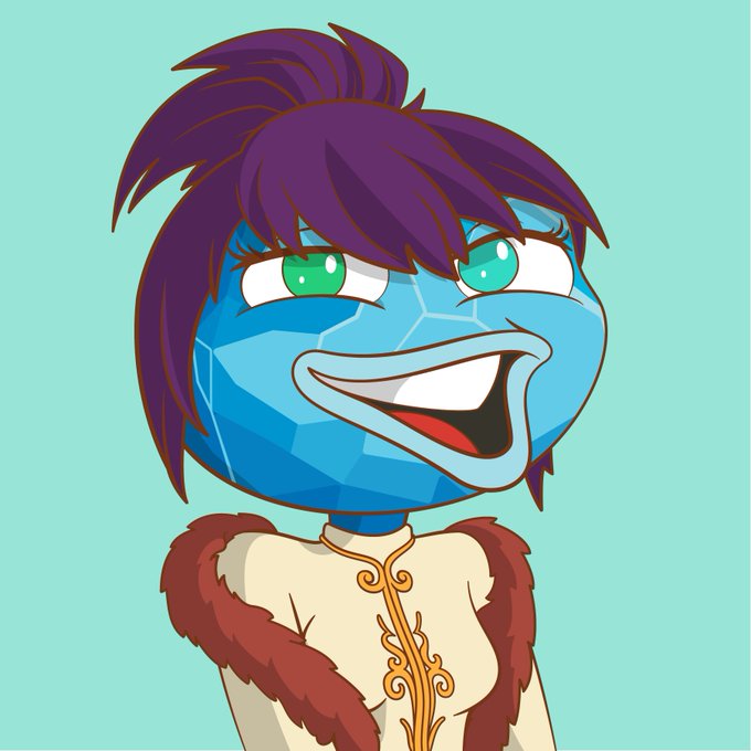A cartoon-style illustration of a character with a blue geometric/faceted head, green eyes, spiky purple hair, and a wide grin, wearing a cream-colored top with gold ornate designs and a red fur collar.