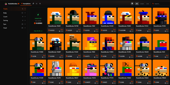 A screenshot of an NFT marketplace showing a collection of pixelated 'NodeMonke' avatars with various traits, prices listed in ETH, and a search bar at the top.