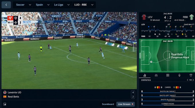 Screenshot of a soccer live stream showing a La Liga match between Levante UD and Real Betis with Levante leading 4-2 at minute 85:17, displaying match statistics and pitch visualization.