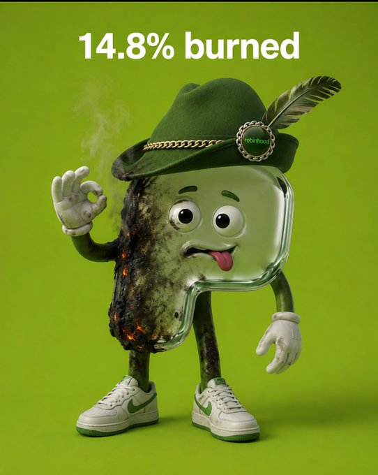 A 3D-rendered cartoon character shaped like the letter "P" wearing a green feathered hat with "Robinhood" badge, white gloves, and Nike sneakers, half of which appears burnt/charred, with text "14.8% burned" on a green background.