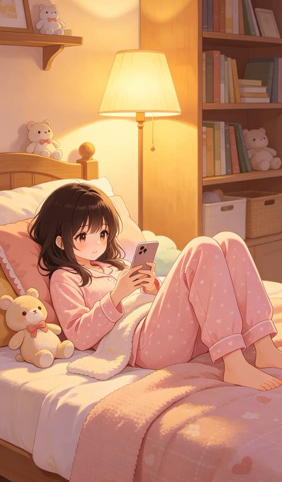 An anime-style illustration of a girl in pink polka-dot pajamas lounging on a bed while looking at a smartphone, surrounded by teddy bears and bookshelves in a cozy, warmly lit room.