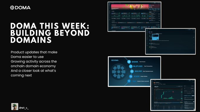 A promotional graphic titled 'DOMA THIS WEEK: BUILDING BEYOND DOMA' featuring product screenshots and Twitter handle '@silk_e'.
