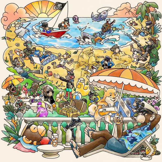 A colorful cartoon illustration depicting a chaotic beach scene with various pirate-themed characters, monkeys in sunglasses, a treasure chest, and a dog holding a drink, with a sun and pirate flag in the background.