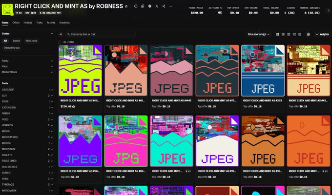 A screenshot of the OpenSea NFT marketplace showing a collection titled 'RIGHT CLICK AND MINT AS by ROBNESS' with multiple 'JPEG' listed items in various glitch-art colors.