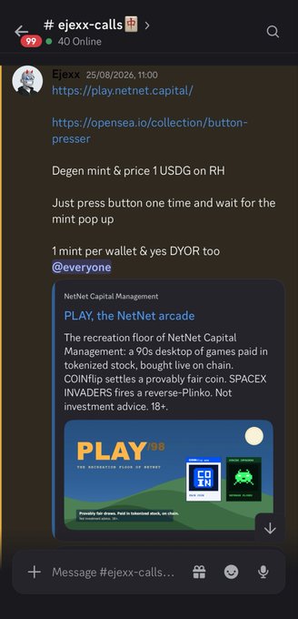 A Discord message in #ejexx-calls by user "Ejexx" shares two links—netnet.capital and an OpenSea button presser collection—promoting a 1 USDG mint on RH. The accompanying post highlights the early call, noting that a $1 mint yielded a gold trait NFT now selling for $900 and a steel trait at $50, with a floor price of $9 across a 24k supply.