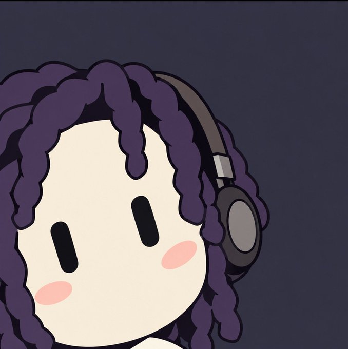 A digital illustration of a cute, pale-faced character with thick purple curly hair, pink blushing cheeks, and black oval eyes wearing large headphones.