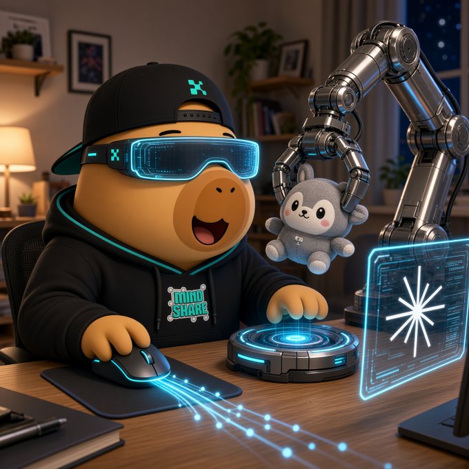 AI-generated illustration of a bear mascot wearing a black hoodie and glowing blue VR headset, operating a mouse and robotic arm while interacting with a holographic display in a cozy room.