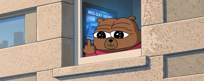 A cartoon illustration of a brown bear character with large, glistening eyes looking out of a brick window, giving the middle finger, with a 'MID-DAY NEWS' broadcast visible on a screen behind it.