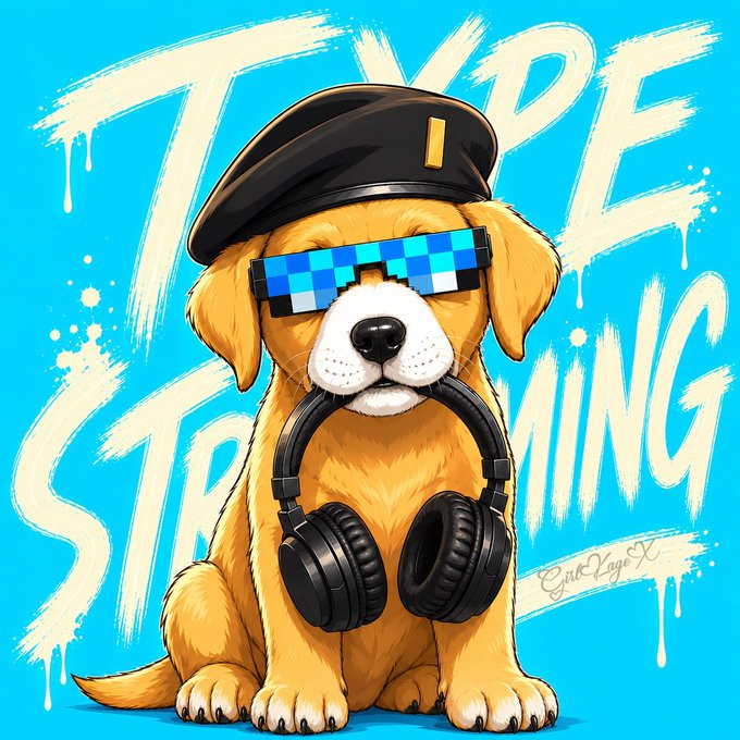 A colorful illustration of a golden retriever puppy wearing a black military-style cap, pixelated 'deal with it' sunglasses, and black headphones around its neck, with graffiti-style text in the background.