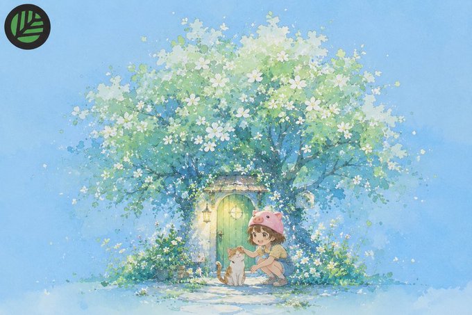 A pastel illustration of a child in a pink hat petting a cat in front of a green door covered by a flowering tree.