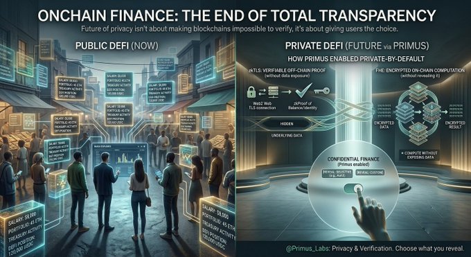 An infographic titled 'ONCHAIN FINANCE: THE END OF TOTAL TRANSPARENCY' contrasting 'PUBLIC DEFI (NOW)' with 'PRIVATE DEFI (FUTURE via PRIMUS)' and detailing 'TLS VERIFIABLE OFF-CHAIN PROOF' and 'ENCRYPTED ON-CHAIN COMPUTATION,' credited to @Primus_Labs.