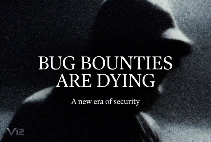 A dark promotional image with text reading "BUG BOUNTIES ARE DYING - A new era of security" with a faint silhouette of a hooded figure in the background.