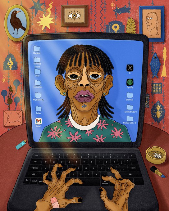 A colorful illustration showing a woman with dark skin and braided hair on a laptop screen, with her hands typing on the keyboard, surrounded by a richly decorated wall with various artistic items.